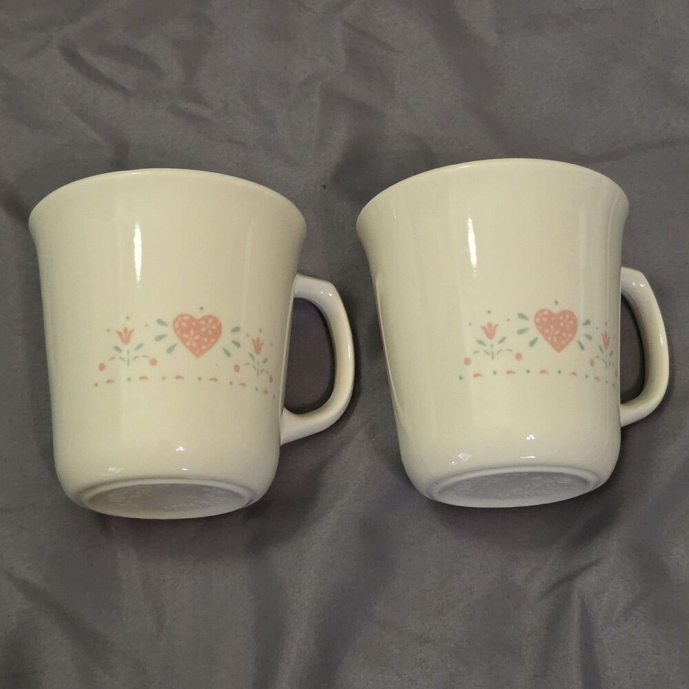 Corning "Forever Yours" Pink Heart Coffee Mugs Set Of 2 Cottagecore 80s 90s